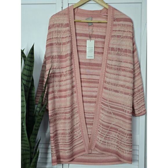 Chico’s Shades Of Pink Stripe Floral Embroidered Striped Jacquard Cardigan Small - Picture 2 of 8
